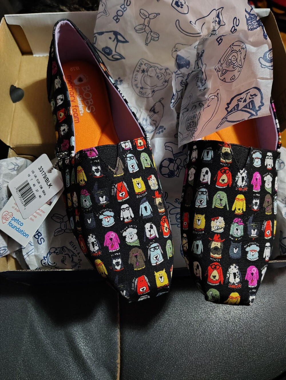 Skechers BOBS Black Slip-On Dog Print Canvas Flats